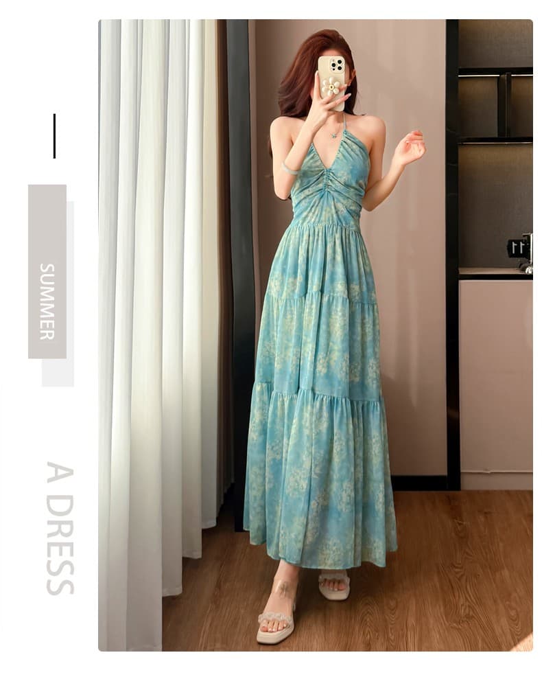 한국 스타일 V넥 프린트 힙 Pleat 패치워크 백리스 휴가 바람 행침 목 드레스 상세 이미지 13