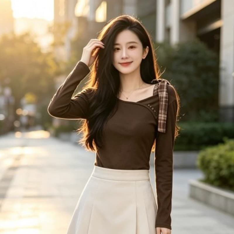 표지 고기 슬림해 보이는 작은 키 레트로 커피 색상 여성 디자인 센스 비스듬한 어깨 스트랩 긴팔 맨위 큰 진자 롱 스커트 투피스 세트 이미지 4