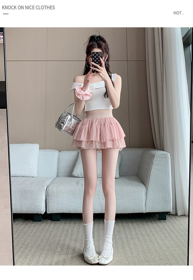 실사 프랑스식 케이크 치마바지 핫걸 슬림해 보이는 노출 방지 밴딩 하이웨이스트 발레 바람 도트 무늬 망사 a 반신 스커트 상세 이미지 33