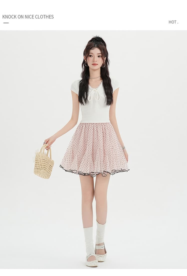 실사 한 부서 핑크색 달콤함 도트 무늬 망사 반신 스커트 여성 여름 하이웨이스트 한 마디 퍼프 빅 플레어 스커트 케이크 미니 스커트 상세 이미지 36