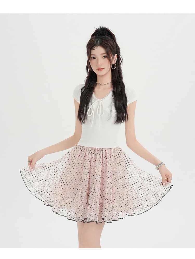 실사 한 부서 핑크색 달콤함 도트 무늬 망사 반신 스커트 여성 여름 하이웨이스트 한 마디 퍼프 빅 플레어 스커트 케이크 미니 스커트 상세 이미지 38