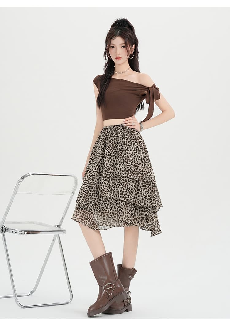 실사 여름 새로운 한 부서 ins 레오파드 무늬 쉬폰 불규칙 프릴 케이크 드레스 레트로 반신 스커트 중간 스커트 상세 이미지 15
