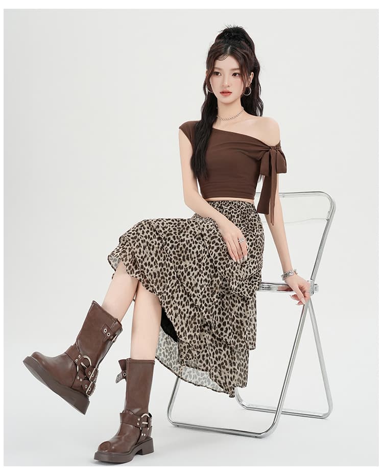 실사 여름 새로운 한 부서 ins 레오파드 무늬 쉬폰 불규칙 프릴 케이크 드레스 레트로 반신 스커트 중간 스커트 상세 이미지 17