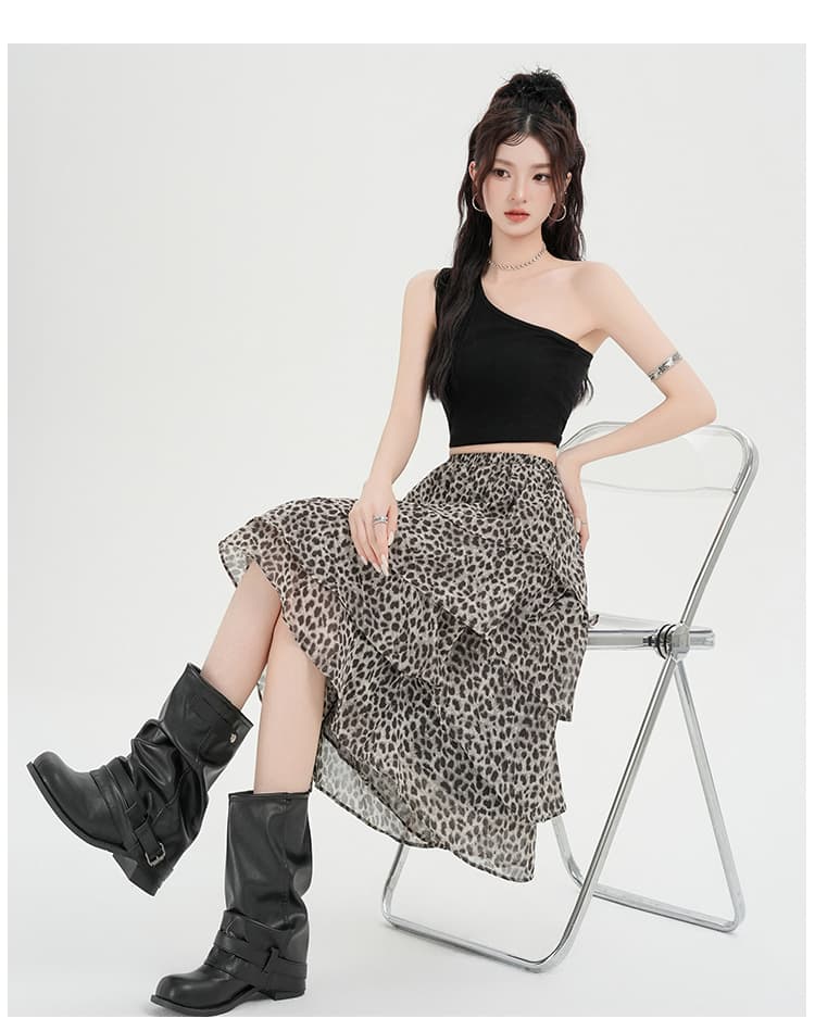실사 여름 새로운 한 부서 ins 레오파드 무늬 쉬폰 불규칙 프릴 케이크 드레스 레트로 반신 스커트 중간 스커트 상세 이미지 27