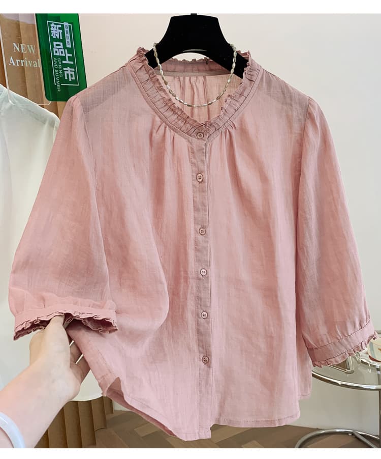 실사 곰팡이 고리 반팔 여성 셔츠 레트로 문예 단색 5 점 소매 얇은 스타일 맨위 여름 쇼트 스타일 오픈 가디건 상세 이미지 17