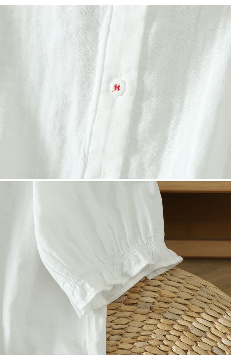 순면 스탠드 칼라 프릴 중간 소매 문예 셔츠 단색 만나는 다용도 슬림해 보이는 여름 연령 감소 셔츠 여성 상세 이미지 24