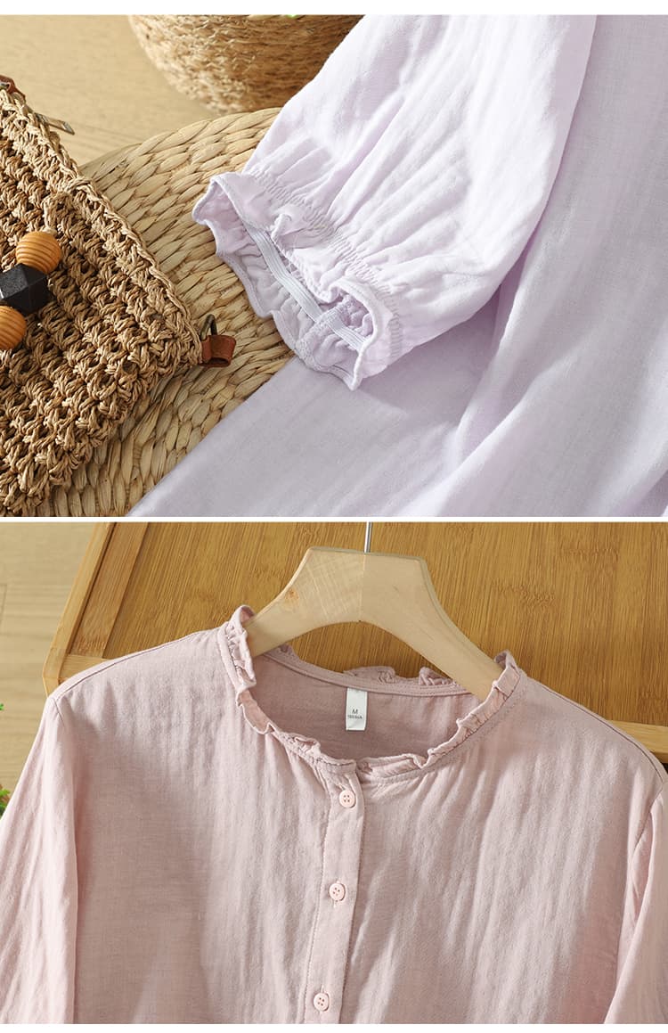 순면 스탠드 칼라 프릴 중간 소매 문예 셔츠 단색 만나는 다용도 슬림해 보이는 여름 연령 감소 셔츠 여성 상세 이미지 31