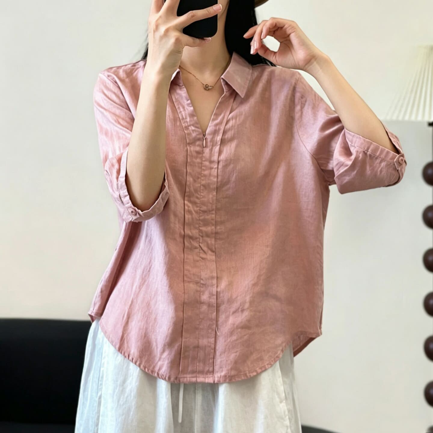 실사 여름 미니멀리즘 느긋한 바람 V넥 면 린넨 여성 셔츠 반 개방 칼라 지퍼 품격 다용도 슬림해 보이는 맨위