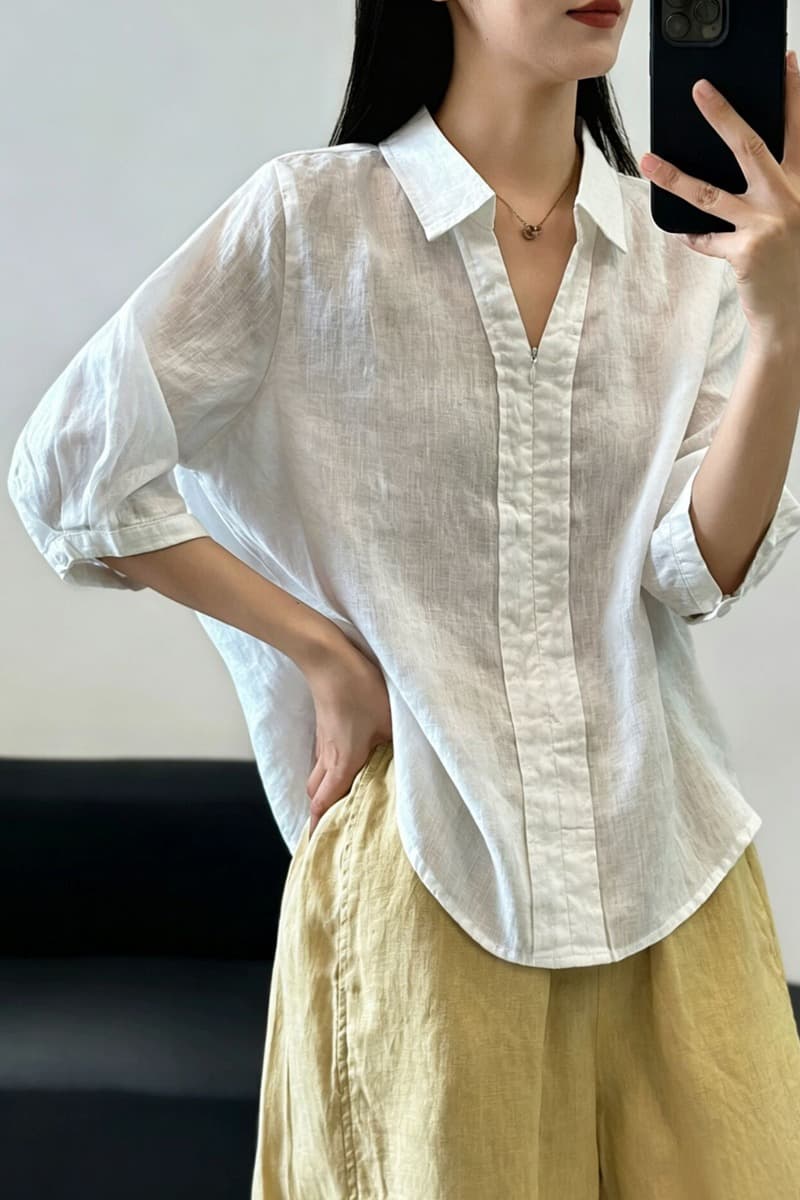 실사 여름 미니멀리즘 느긋한 바람 V넥 면 린넨 여성 셔츠 반 개방 칼라 지퍼 품격 다용도 슬림해 보이는 맨위 이미지 6