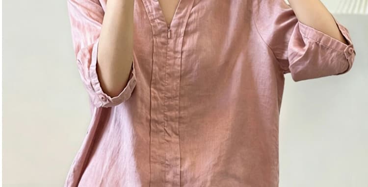 실사 여름 미니멀리즘 느긋한 바람 V넥 면 린넨 여성 셔츠 반 개방 칼라 지퍼 품격 다용도 슬림해 보이는 맨위 상세 이미지 2