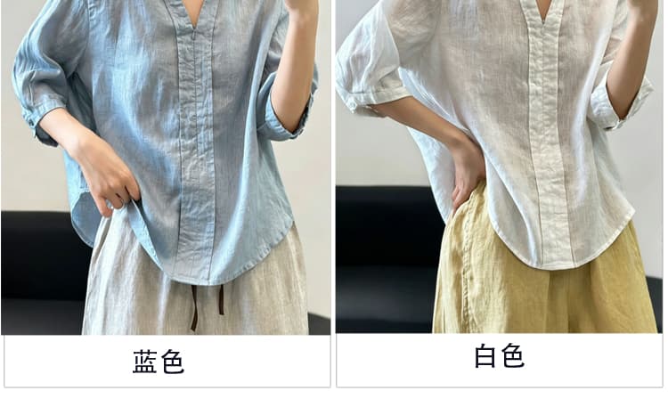 실사 여름 미니멀리즘 느긋한 바람 V넥 면 린넨 여성 셔츠 반 개방 칼라 지퍼 품격 다용도 슬림해 보이는 맨위 상세 이미지 17