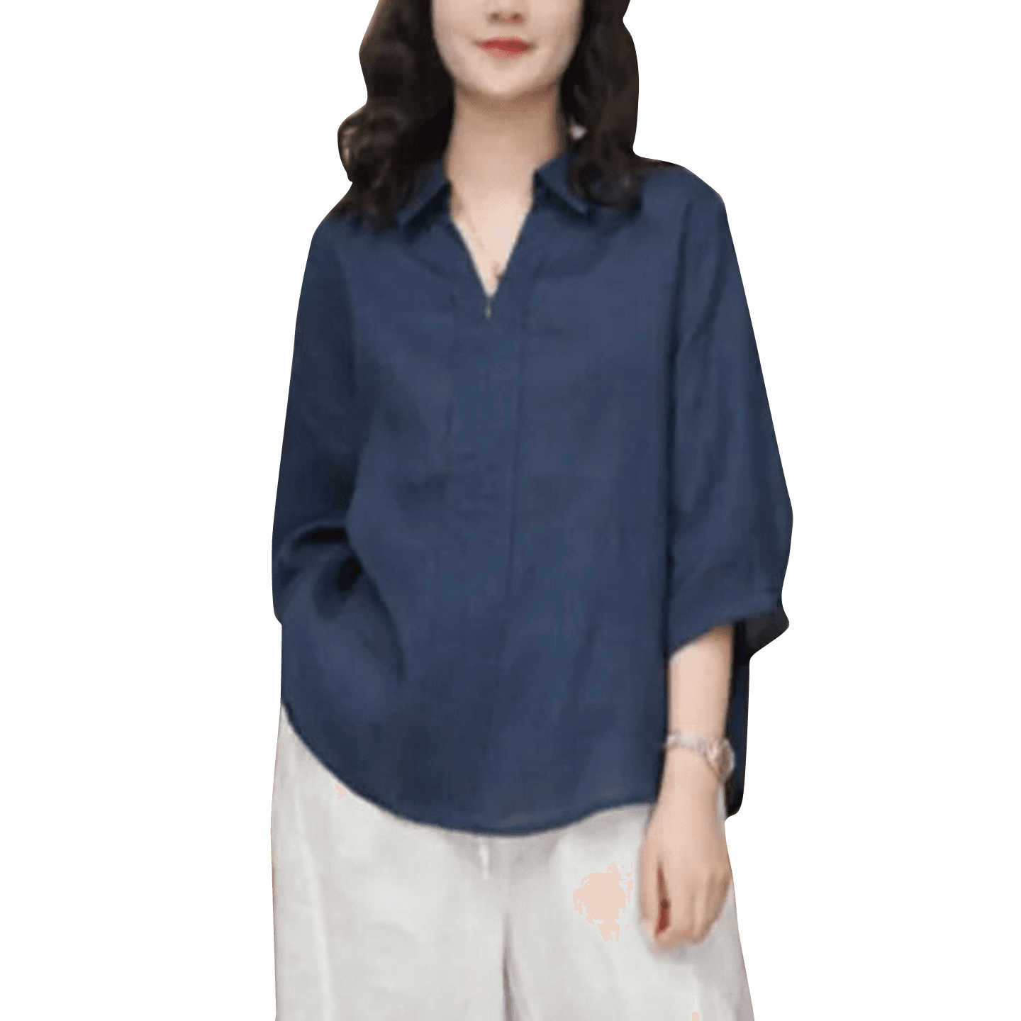 비 실사 여름 미니멀리즘 느긋한 바람 V넥 면 린넨 여성 셔츠 반 개방 칼라 지퍼 품격 다용도 슬림해 보이는 맨위 이미지 5