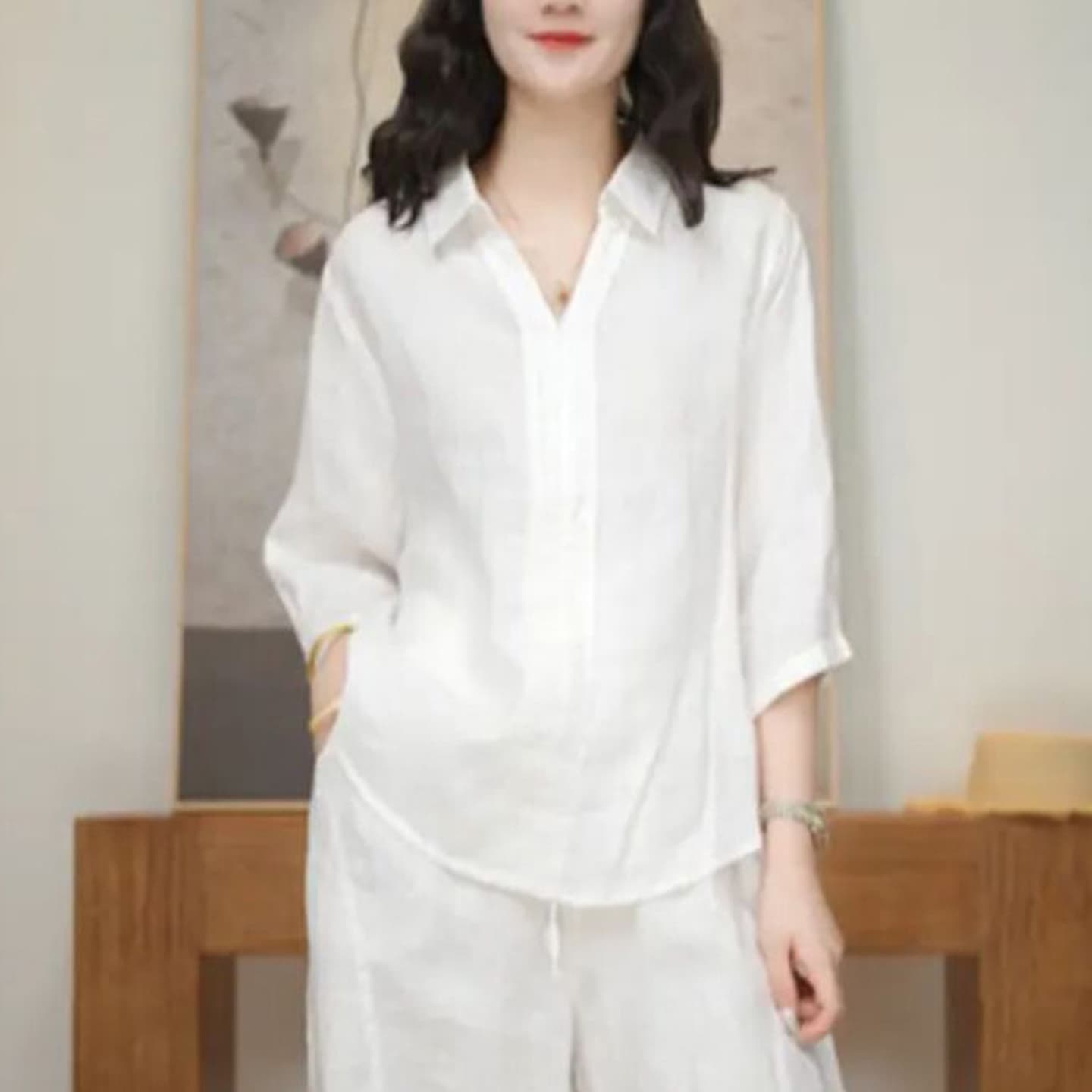 비 실사 여름 미니멀리즘 느긋한 바람 V넥 면 린넨 여성 셔츠 반 개방 칼라 지퍼 품격 다용도 슬림해 보이는 맨위 이미지 4