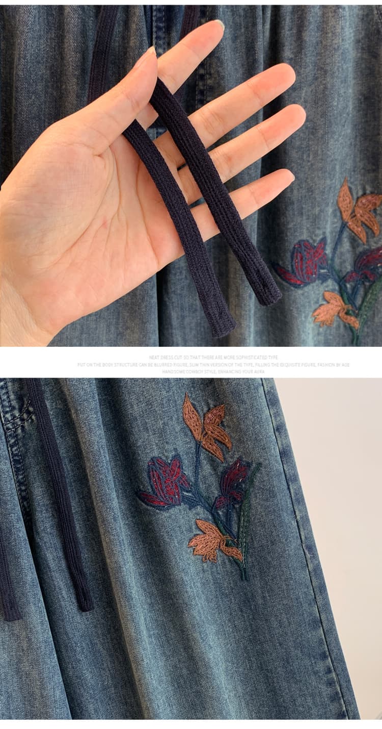 실사 대 물품 레트로 캐주얼 자수 데님 와이드 레깅스 바지 2026 년 가을 새로운 허리밴드 루즈핏 치마바지 상세 이미지 12
