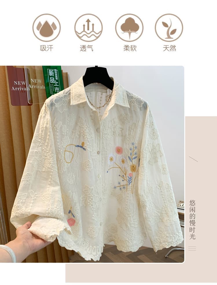 실사 이른 가을 무거운 작업 자수 여성 셔츠 문예 레이스 긴팔 싱글 줄 버튼 재킷 자외선 차단 오픈 가디건 맨위 상세 이미지 2