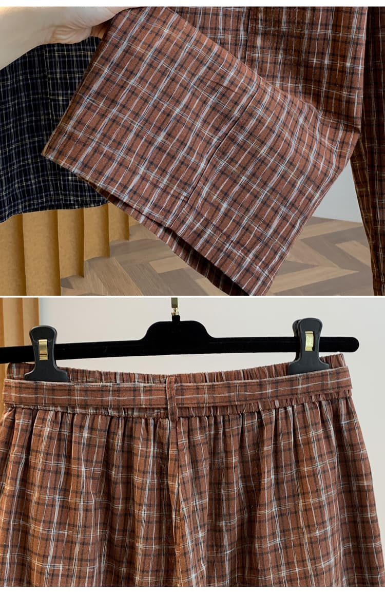 실사 품격 허리밴드 체크무늬 면 린넨 와이드 레깅스 바지 가을 새로운 외국 가스 루즈핏 캐주얼 스트레이트 긴 바지 상세 이미지 15