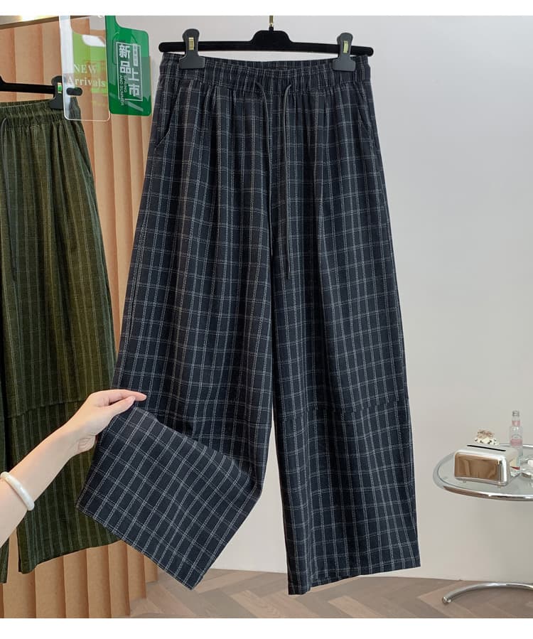 실사 품격 허리밴드 체크무늬 면 린넨 와이드 레깅스 바지 가을 새로운 외국 가스 루즈핏 캐주얼 스트레이트 9 분 바지 상세 이미지 16
