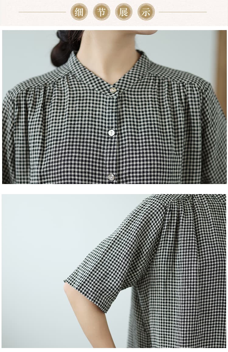 실사 워싱 아마 흑인과 백인 해군 체크무늬 문예 레트로 반팔 드레스 치마 셔츠 드레스 상세 이미지 28