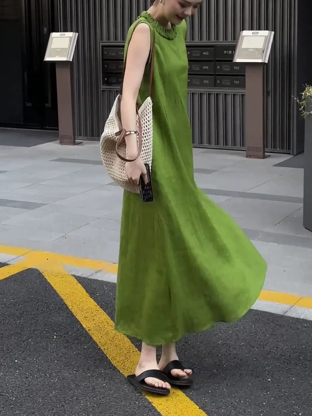 품격 고유 한 고급 루즈핏 녹색 Chic 여성 드레스 여름 새로운 외국 가스 패션 고급 점프 슈트 치마 상세 이미지 6