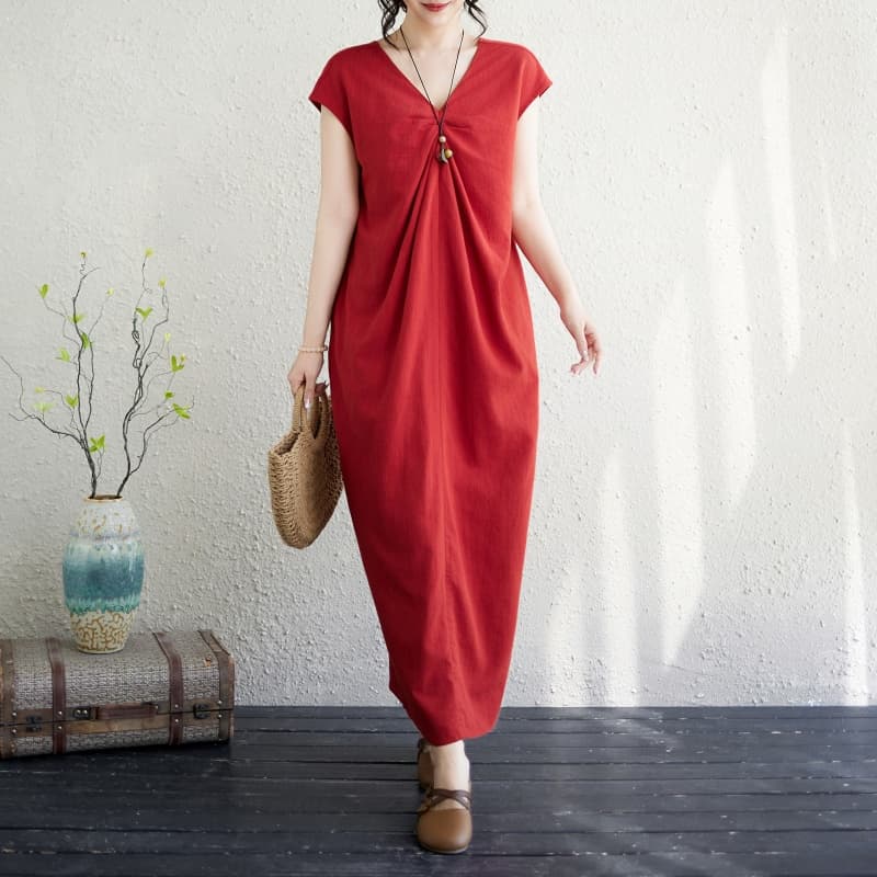 2026 새로운 면 린넨 단색 롱 스커트 여행 착용 가져 가라. 프랑스식 V넥 주름 허리 수축 둘 착용 드레스 상세 이미지 11