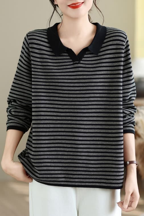 2026 년 가을 겨울 V넥 폴로 칼라 polo 스트라이프 니트 스웨터 맨위 여성 만나는 외출용 표지 배 슬림해 보이는 여성 한국 스타일 이미지 6