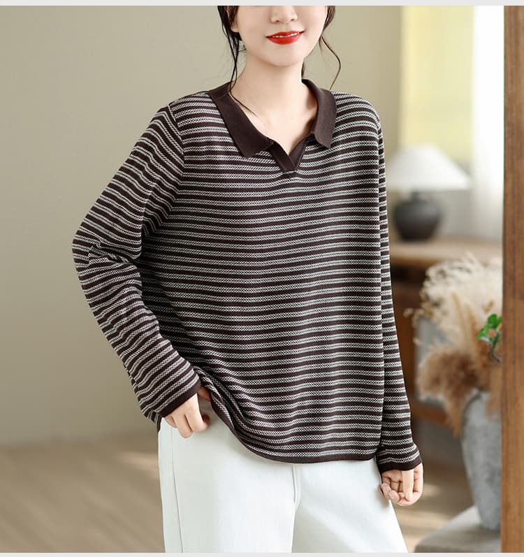 2026 년 가을 겨울 V넥 폴로 칼라 polo 스트라이프 니트 스웨터 맨위 여성 만나는 외출용 표지 배 슬림해 보이는 여성 한국 스타일 상세 이미지 23