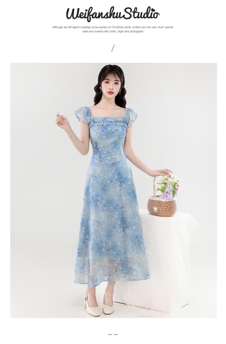 프랑스식 꽃무늬 요정 드레스 여름 분기 별 칼라 명중 가져 가라. 부드러운 바람 디자인 센스 허리 수축 슬림해 보이는 A라인 스커트 롱 코트 상세 이미지 3
