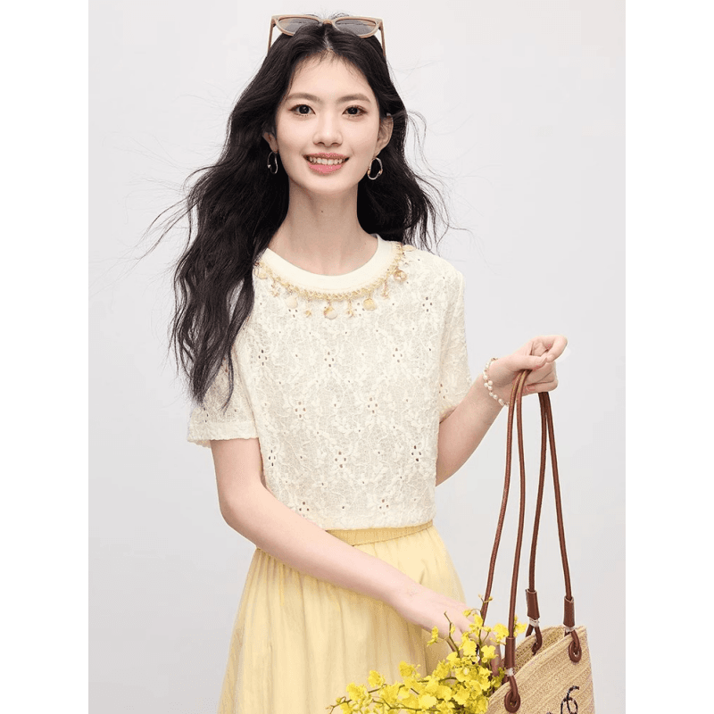 웨이브 웨스트 휴가 바람 연령 감소 무거운 작업 홀로우 아웃 자수 비즈 박기 라운드 넥 티셔츠 맨위 반팔 여성 여름 이미지 6