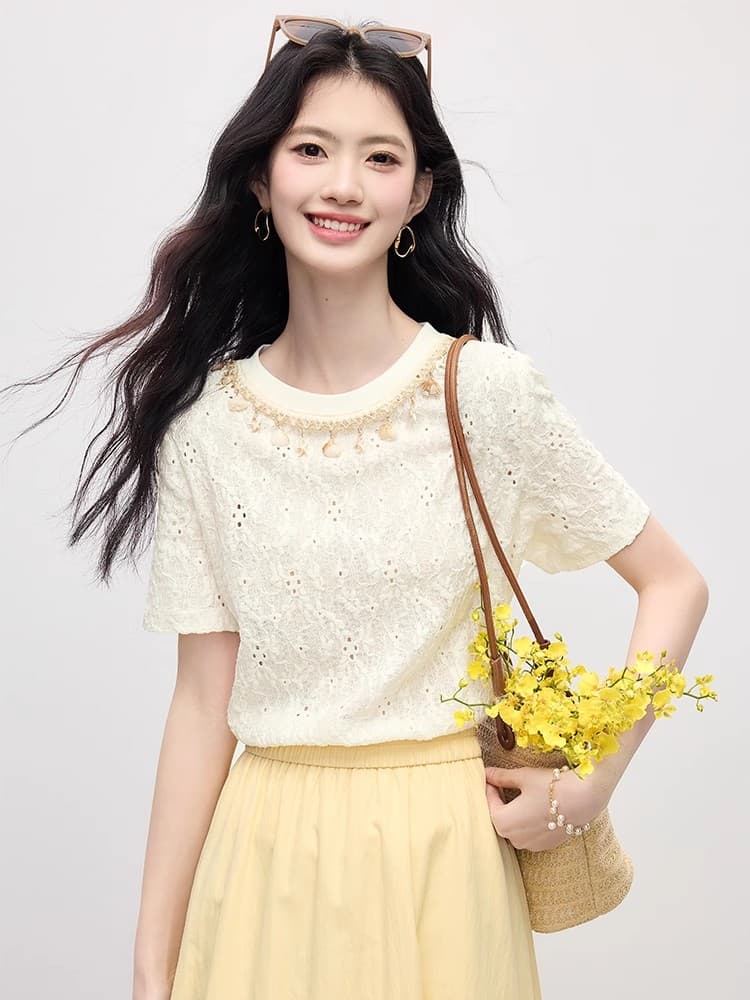 웨이브 웨스트 휴가 바람 연령 감소 무거운 작업 홀로우 아웃 자수 비즈 박기 라운드 넥 티셔츠 맨위 반팔 여성 여름 이미지 2