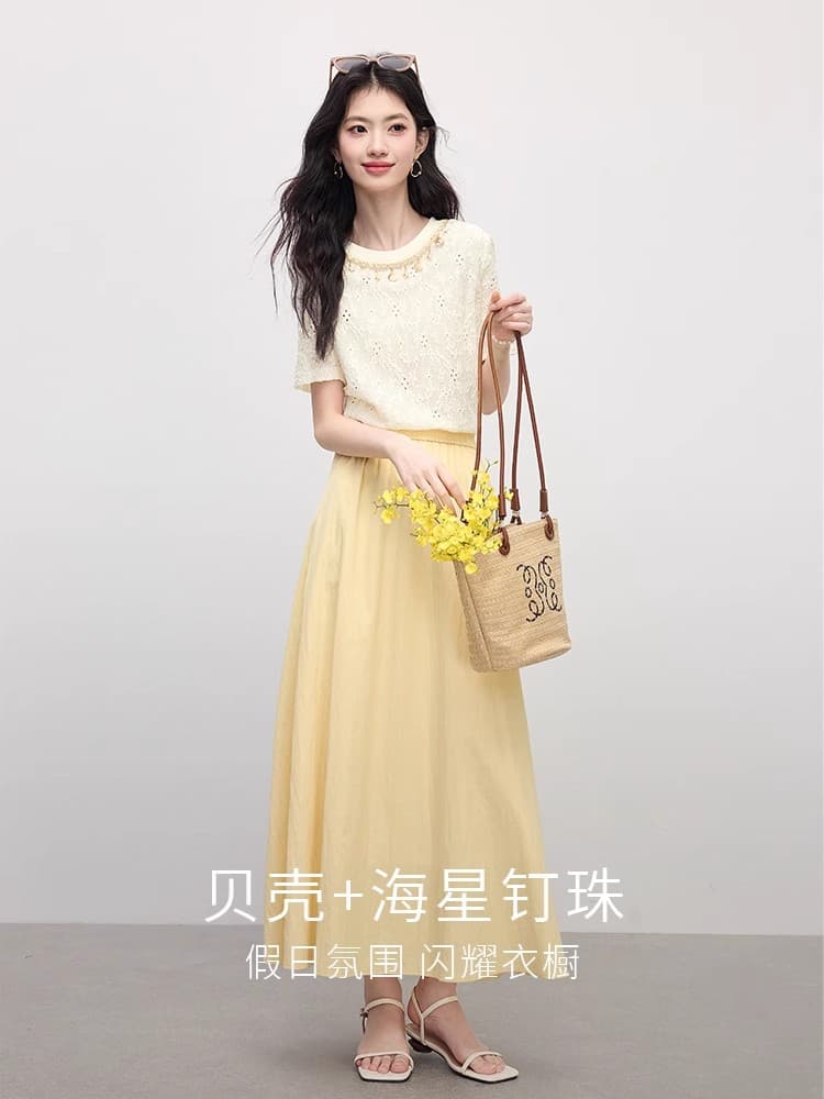 웨이브 웨스트 휴가 바람 연령 감소 무거운 작업 홀로우 아웃 자수 비즈 박기 라운드 넥 티셔츠 맨위 반팔 여성 여름 이미지 4