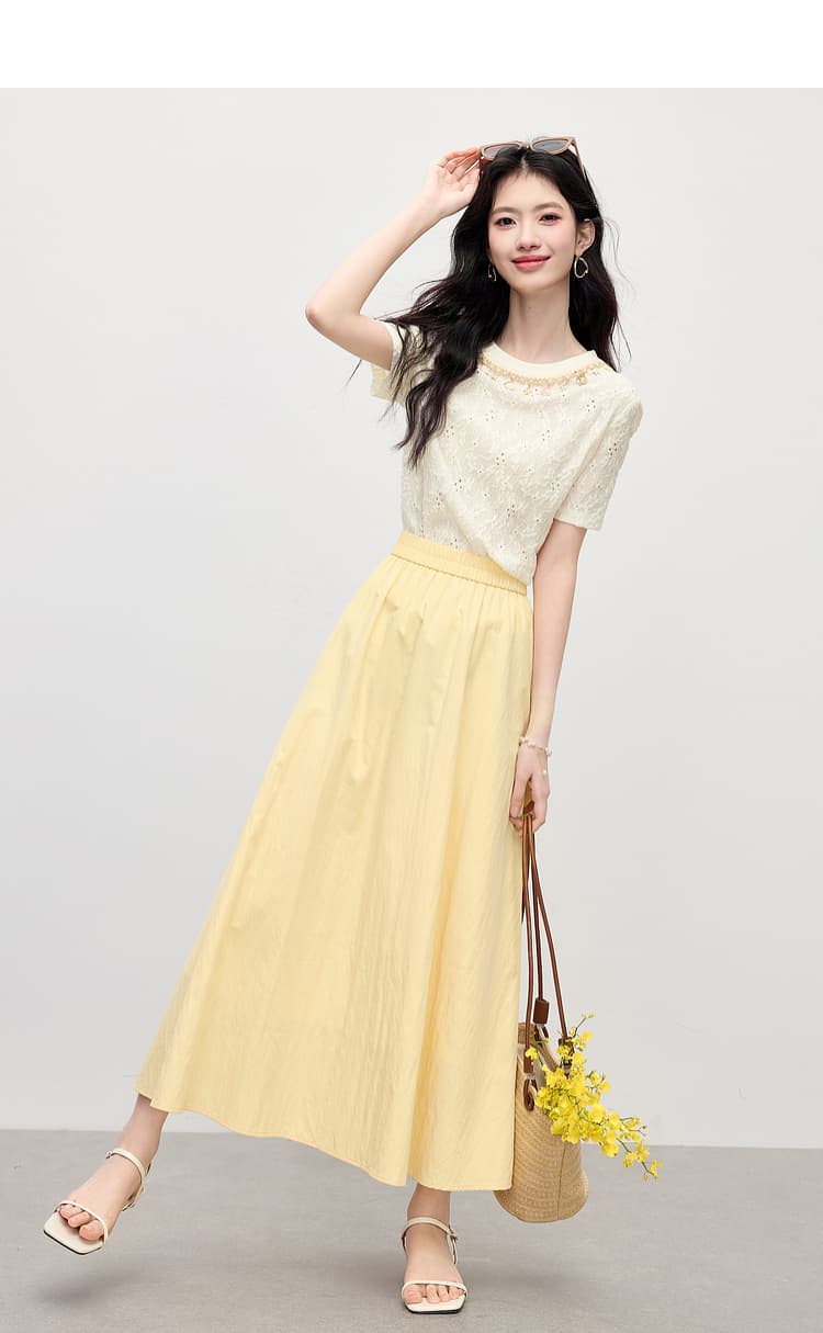 웨이브 웨스트 휴가 바람 연령 감소 무거운 작업 홀로우 아웃 자수 비즈 박기 라운드 넥 티셔츠 맨위 반팔 여성 여름 상세 이미지 14