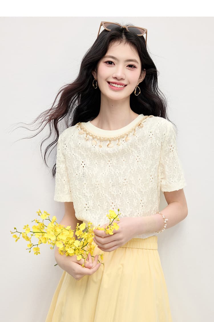 웨이브 웨스트 휴가 바람 연령 감소 무거운 작업 홀로우 아웃 자수 비즈 박기 라운드 넥 티셔츠 맨위 반팔 여성 여름 상세 이미지 17