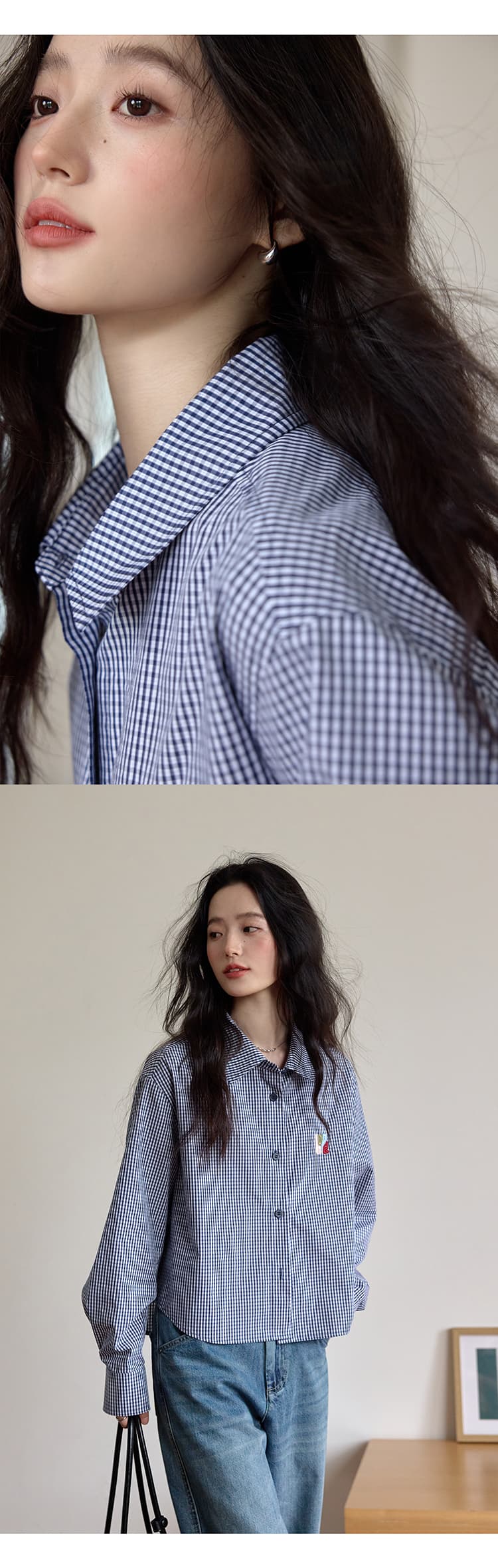 출퇴근 품격 블루 화이트 그리드 체크무늬 알파벳 자수 여성 셔츠 봄 가을 쇼트 스타일 슬림해 보이는 긴팔 캐주얼 셔츠 상세 이미지 5