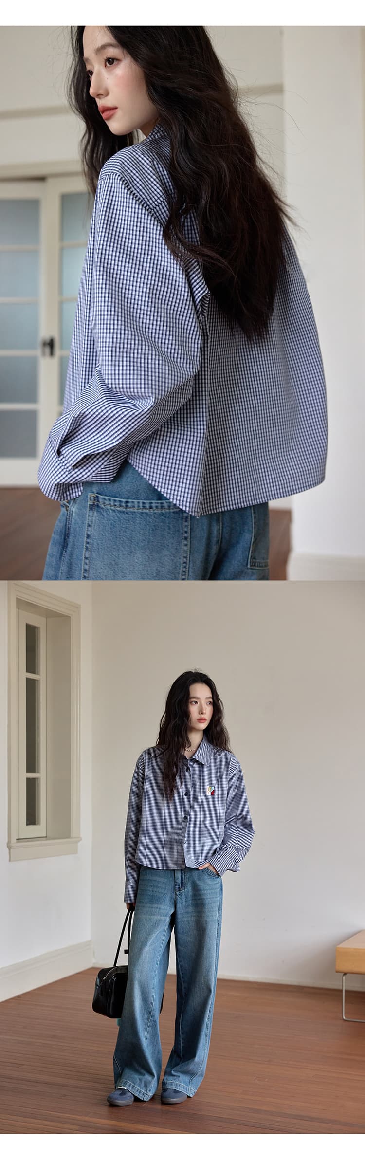 출퇴근 품격 블루 화이트 그리드 체크무늬 알파벳 자수 여성 셔츠 봄 가을 쇼트 스타일 슬림해 보이는 긴팔 캐주얼 셔츠 상세 이미지 6