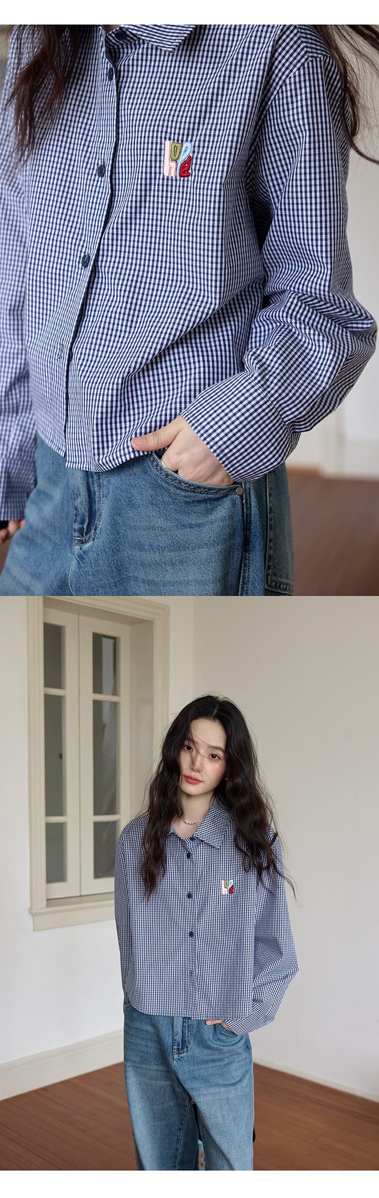 출퇴근 품격 블루 화이트 그리드 체크무늬 알파벳 자수 여성 셔츠 봄 가을 쇼트 스타일 슬림해 보이는 긴팔 캐주얼 셔츠 상세 이미지 7
