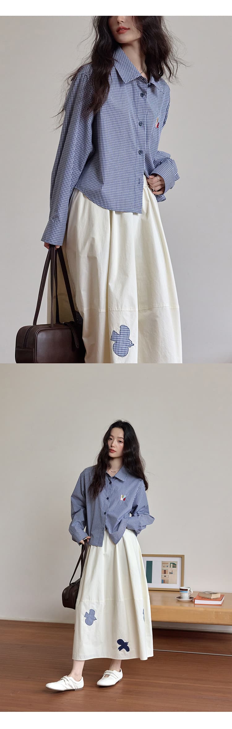 출퇴근 품격 블루 화이트 그리드 체크무늬 알파벳 자수 여성 셔츠 봄 가을 쇼트 스타일 슬림해 보이는 긴팔 캐주얼 셔츠 상세 이미지 11