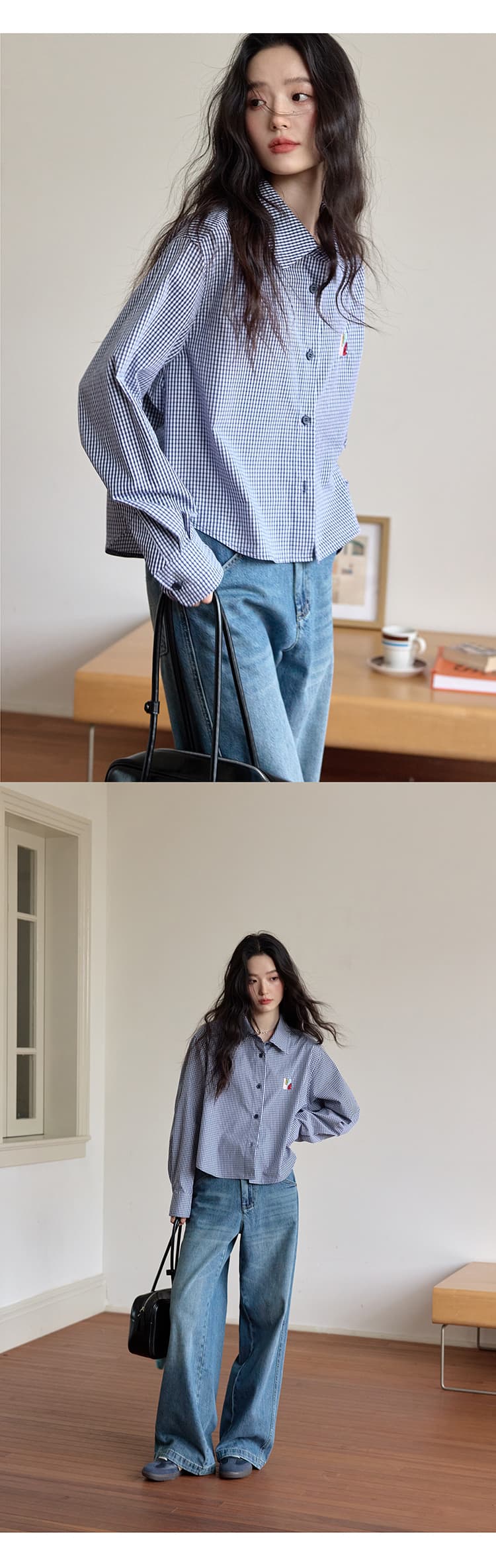 출퇴근 품격 블루 화이트 그리드 체크무늬 알파벳 자수 여성 셔츠 봄 가을 쇼트 스타일 슬림해 보이는 긴팔 캐주얼 셔츠 상세 이미지 14