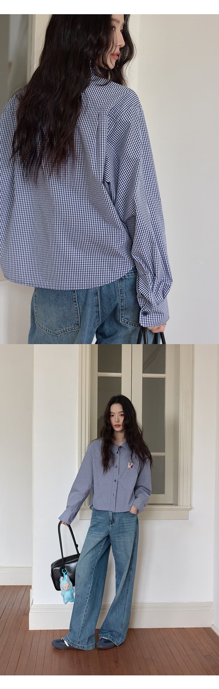 출퇴근 품격 블루 화이트 그리드 체크무늬 알파벳 자수 여성 셔츠 봄 가을 쇼트 스타일 슬림해 보이는 긴팔 캐주얼 셔츠 상세 이미지 16