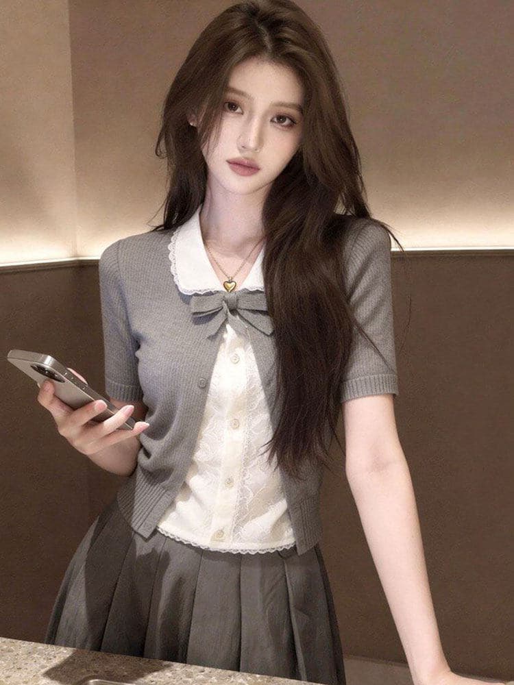 학원 스타일 회색 페이크 레이어드 베이비 칼라 니트 스웨터 여성 2026 년 여름 새로운 작은 대중 부드러운 다용도 맨위 이미지 2