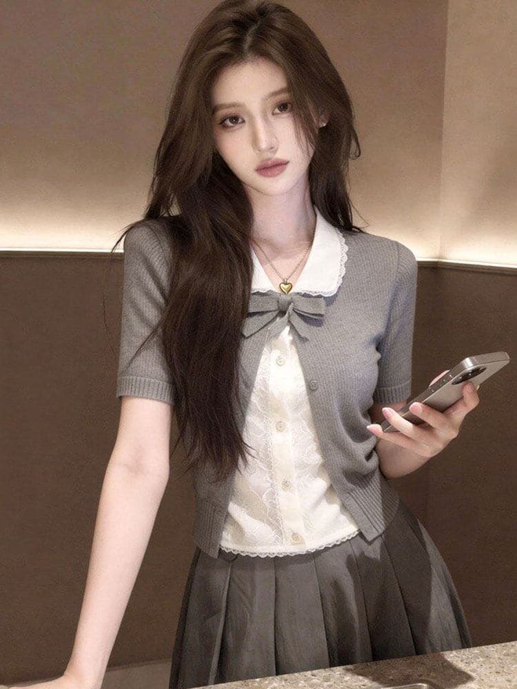 학원 스타일 회색 페이크 레이어드 베이비 칼라 니트 스웨터 여성 2026 년 여름 새로운 작은 대중 부드러운 다용도 맨위 상세 이미지 4