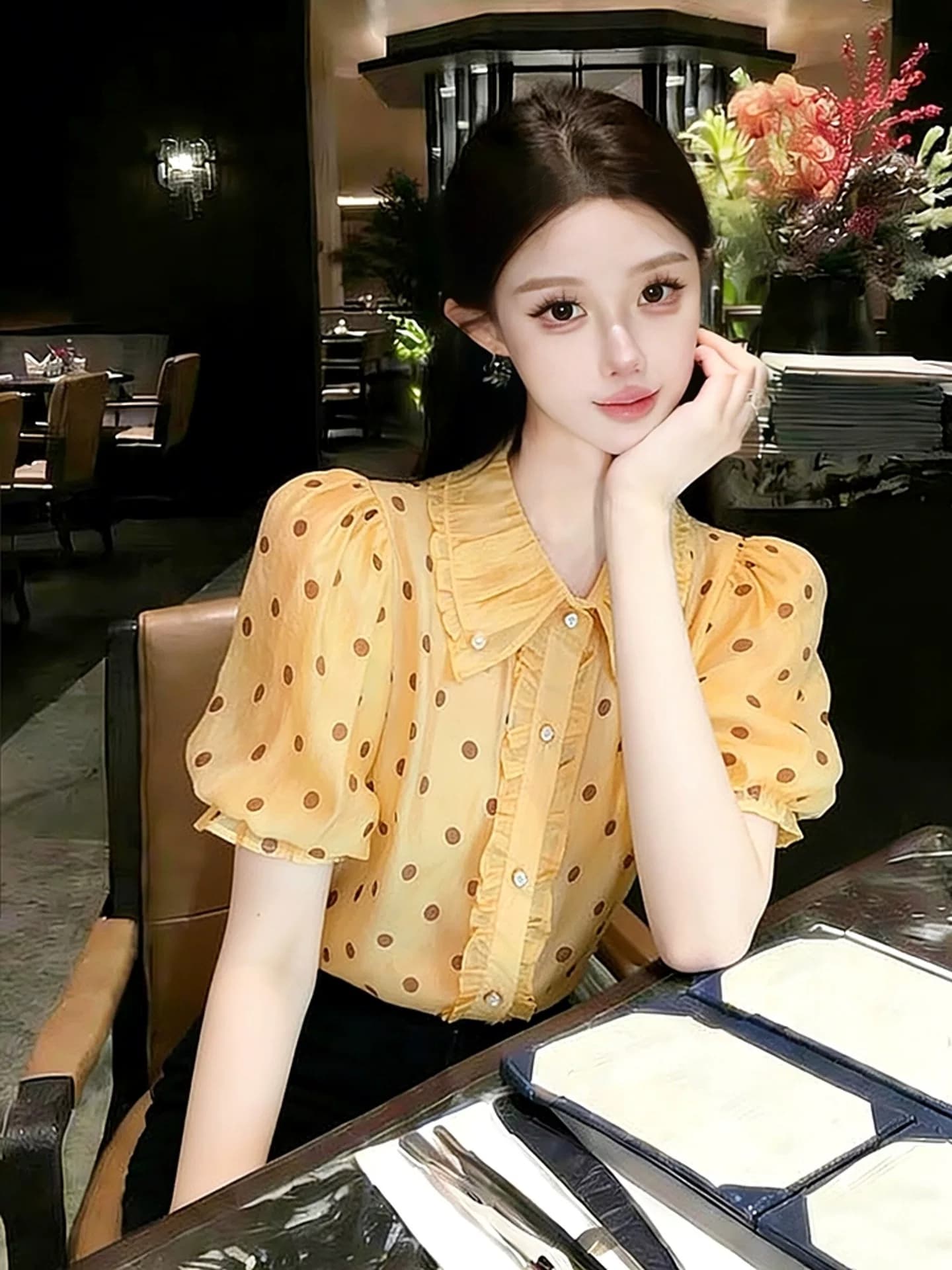 고급 센스 빛 럭셔리 연령 감소 외국 가스 자이언트 잘 생긴 황색 도트 무늬 셔츠 2026 봄 새로운 프랑스식 사소한 맨위 이미지 3