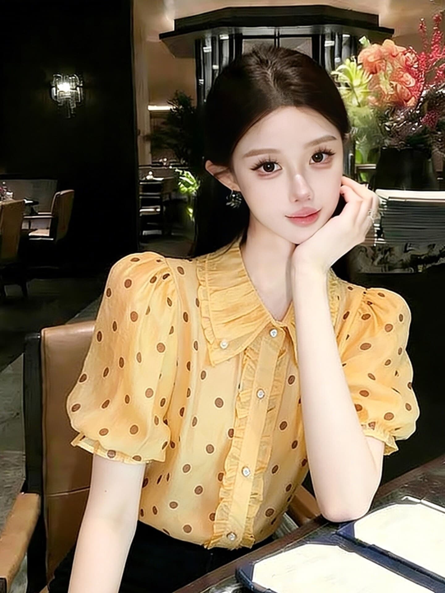 고급 센스 빛 럭셔리 연령 감소 외국 가스 자이언트 잘 생긴 황색 도트 무늬 셔츠 2026 봄 새로운 프랑스식 사소한 맨위 상세 이미지 5