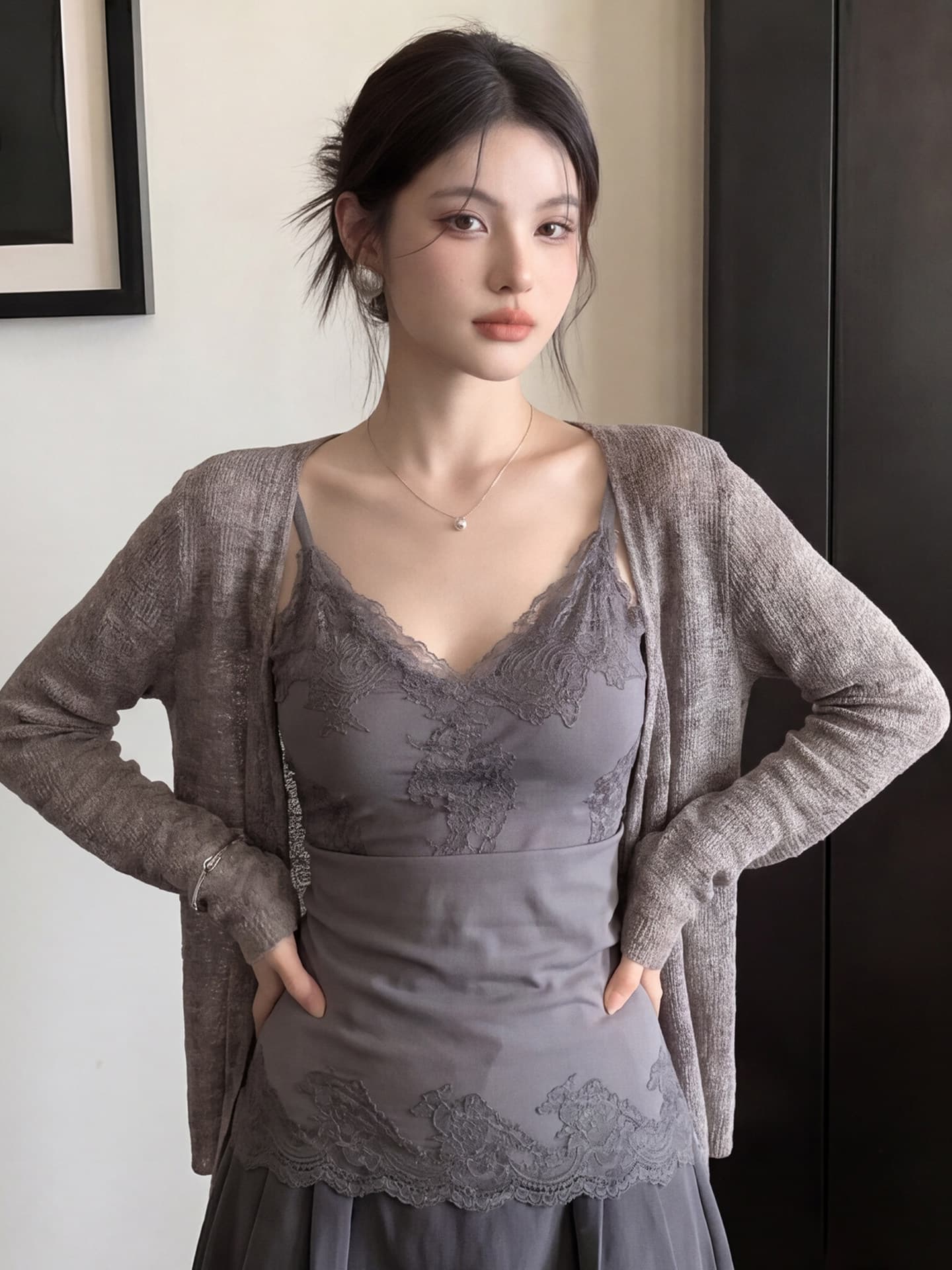 회색 커피 색상 자외선 차단 2026 여름 새로운 레이스 레이스 슬립 오픈 가디건 두 조각 여성 세트 고급 센스 디자인 품격 상세 이미지 15