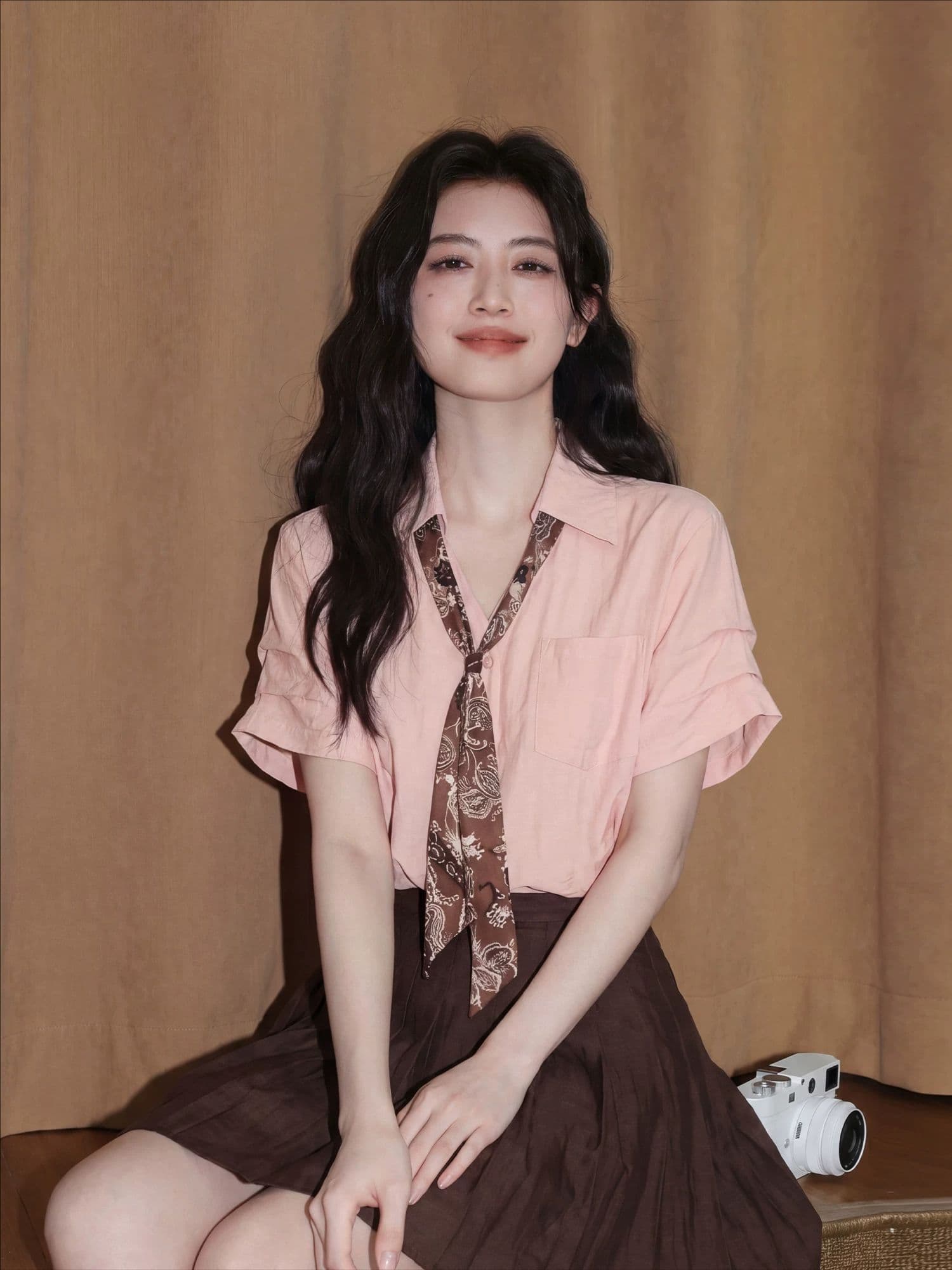 핑크색 V넥 반팔 여성 셔츠 여름 2026 새로운 품격 자이언트 잘 생긴 스카프 넥타이 셔츠 고유 한 맨위 이미지 3