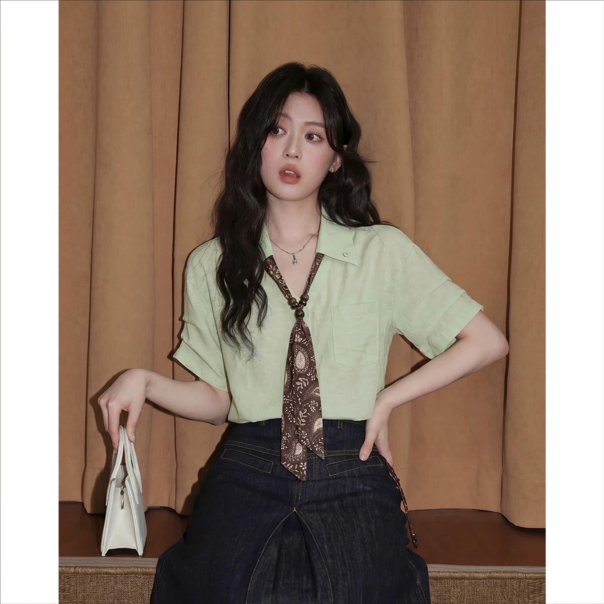 핑크색 V넥 반팔 여성 셔츠 여름 2026 새로운 품격 자이언트 잘 생긴 스카프 넥타이 셔츠 고유 한 맨위 이미지 5