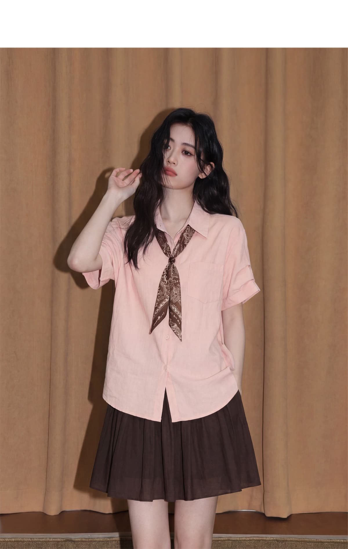 핑크색 V넥 반팔 여성 셔츠 여름 2026 새로운 품격 자이언트 잘 생긴 스카프 넥타이 셔츠 고유 한 맨위 상세 이미지 8