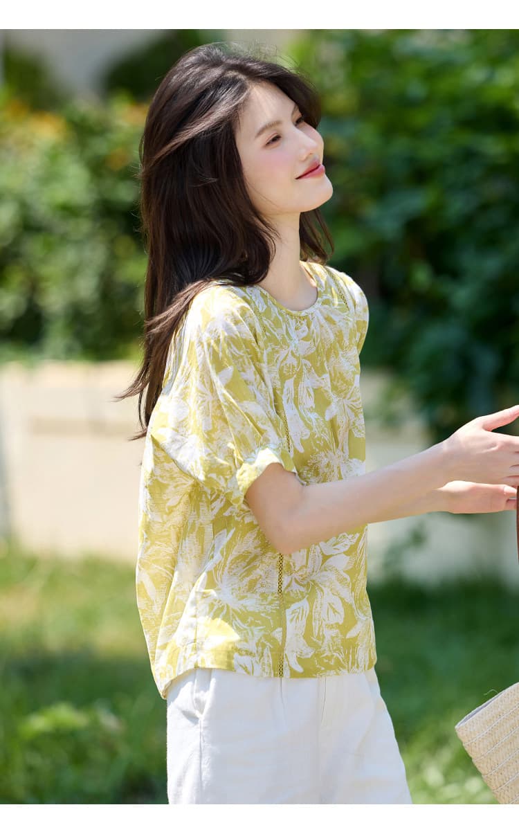 순면 라운드 넥 프린트 휴가 여성 셔츠 2026 여름 새로운 루즈핏 캐주얼 거품 소매 풀오버 반팔 맨위 상세 이미지 6