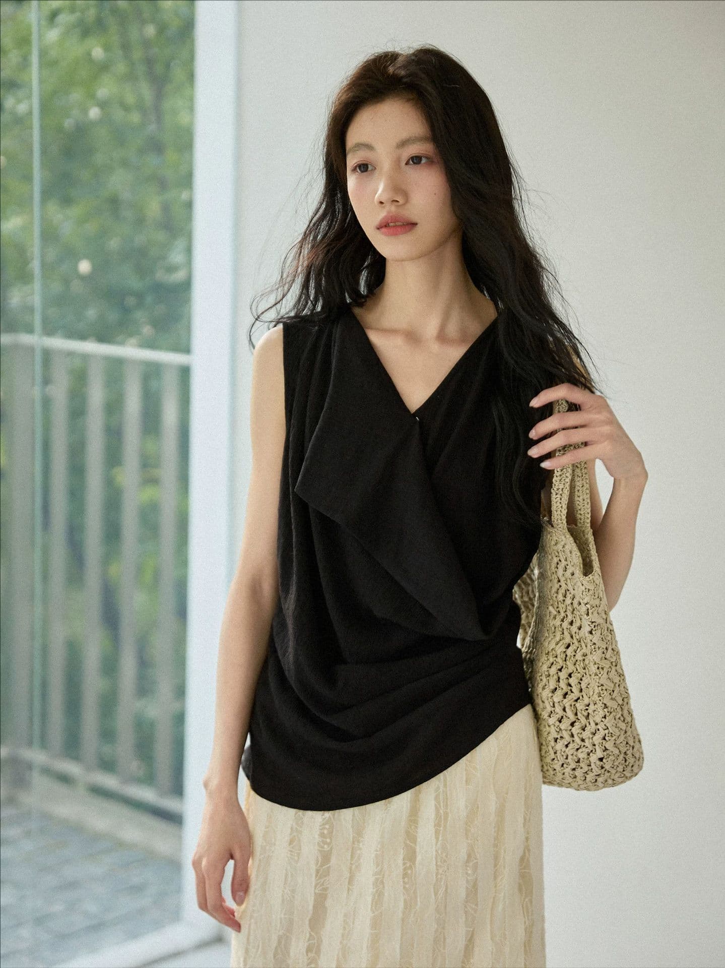 질감 센스 비대칭 디자인 측면 허리 수신 Pleat 민소매 맨위 이미지 2