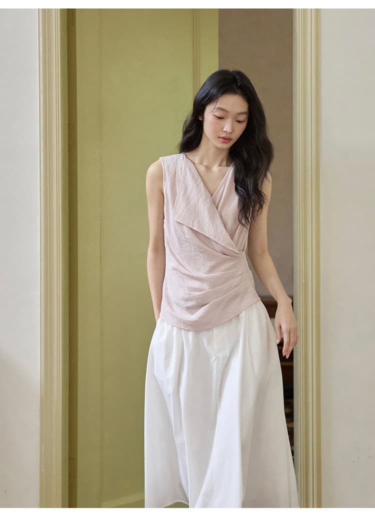 질감 센스 비대칭 디자인 측면 허리 수신 Pleat 민소매 맨위 상세 이미지 12