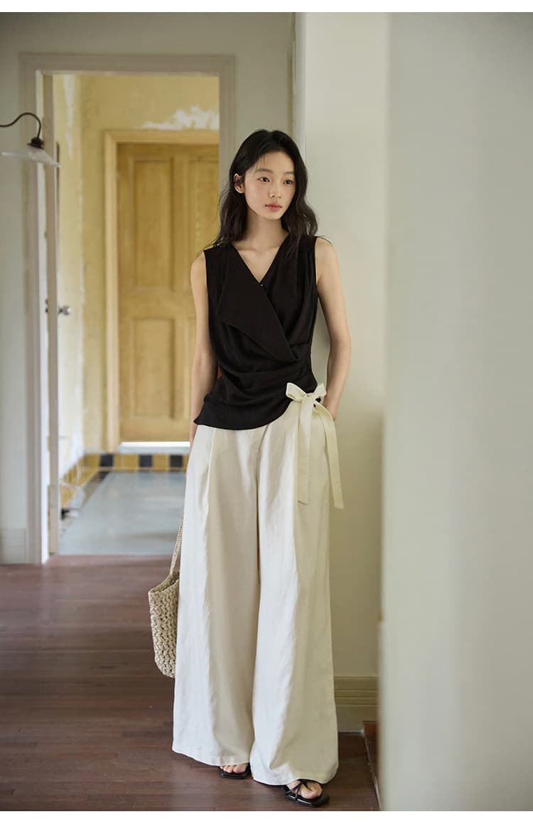 질감 센스 비대칭 디자인 측면 허리 수신 Pleat 민소매 맨위 상세 이미지 22